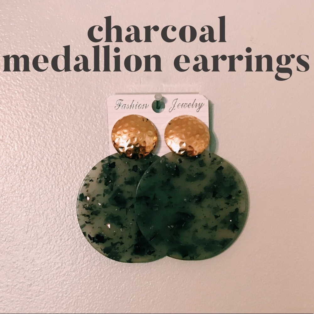 Charcoal Gray Statement Medallion Earrings